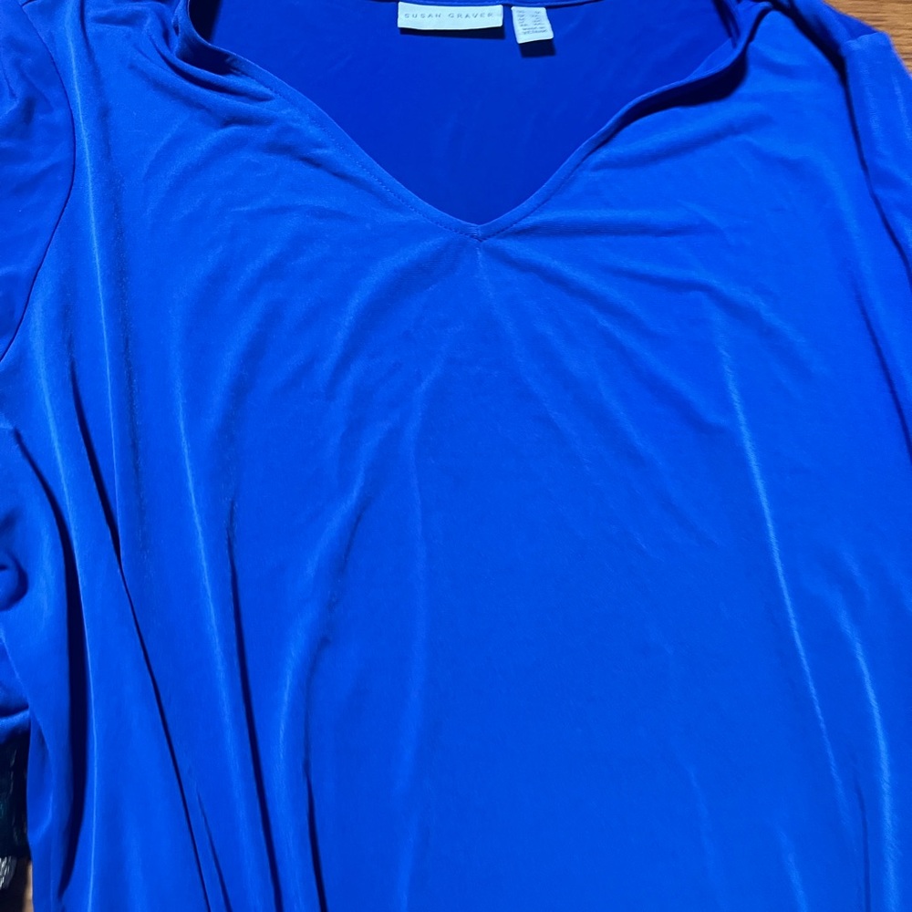 Susan Graver Blue Ruched Short Sleeve Blouse